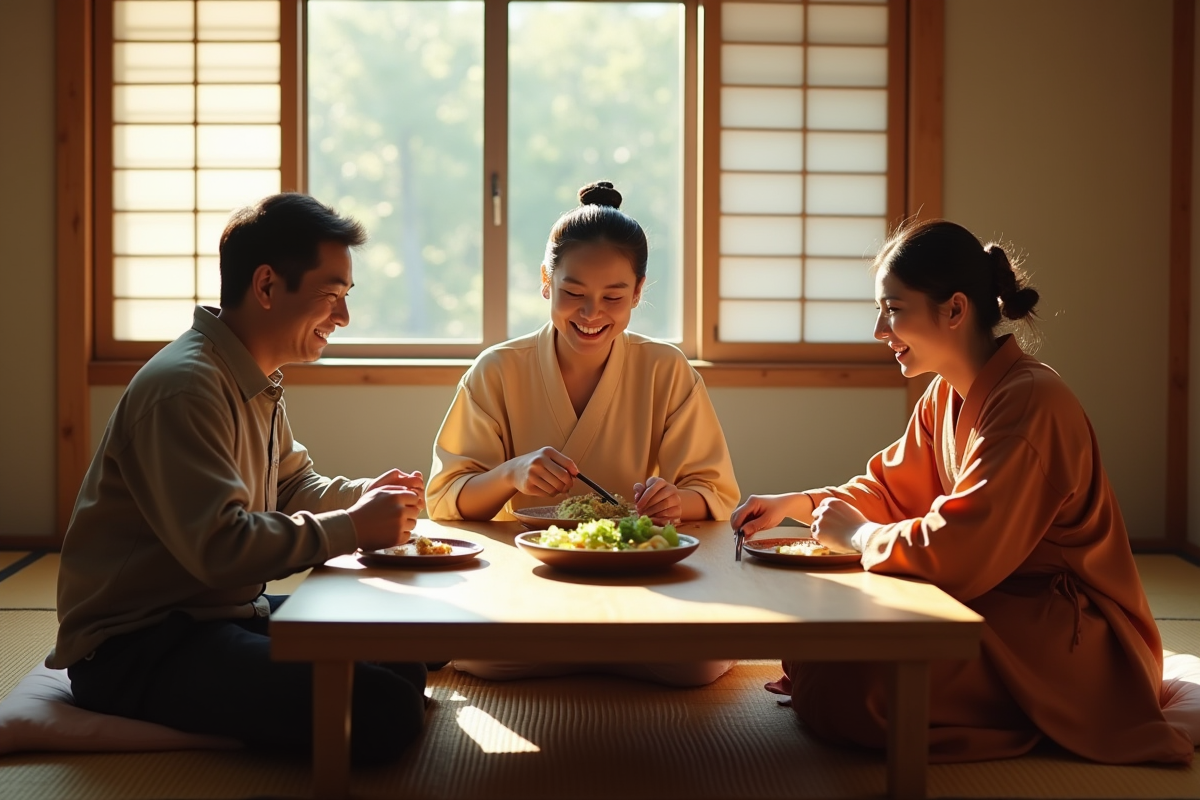 Famille japonaise réunie dans une pièce tatami partageant un repas