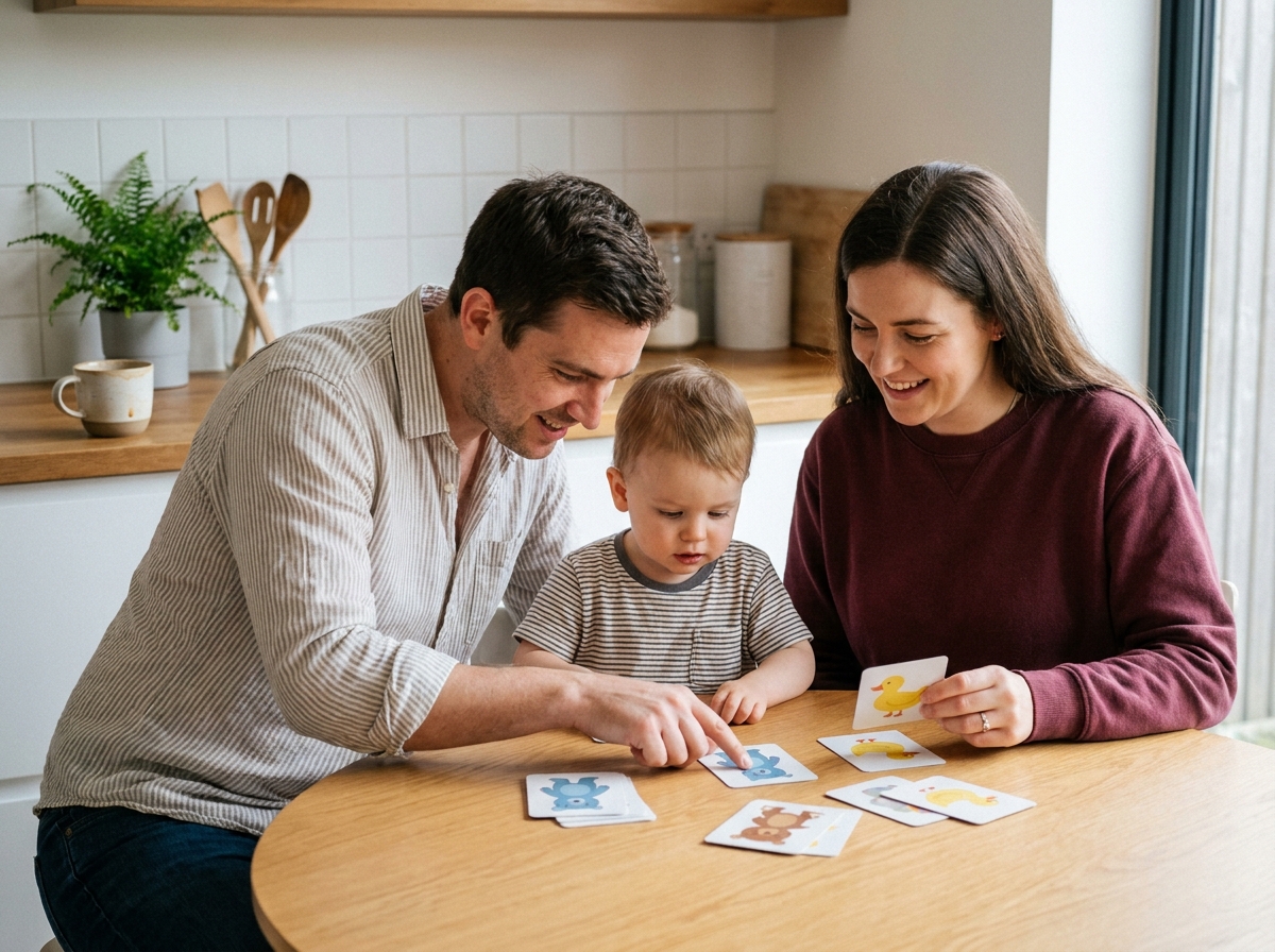 Famille avec un jeune enfant jouant à un jeu de mémoire éducatif ensemble autour d'une table dans une cuisine moderne