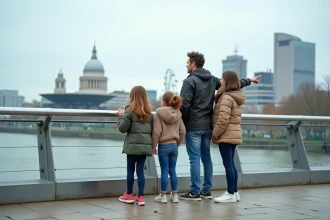Famille visitant le Millennium Bridge de Londres pendant les vacances de printemps avec vue sur la Tate Modern