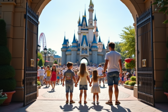 Famille souriante devant un château magique au parc d'attractions