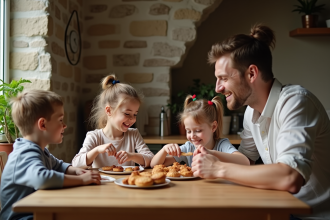 Famille souriante partageant un petit déjeuner convivial