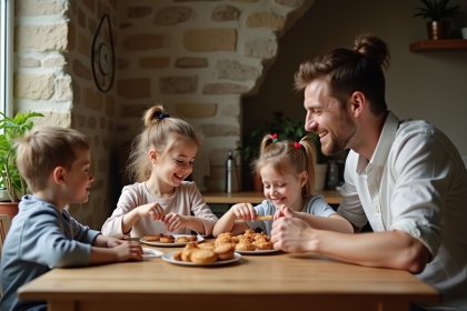 Famille souriante partageant un petit déjeuner convivial