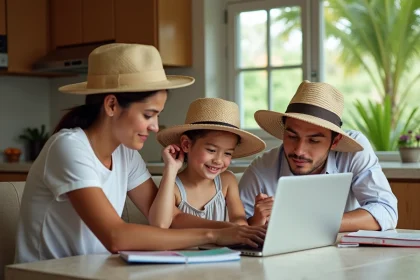 Famille réunionnaise autour d'un ordinateur à la maison