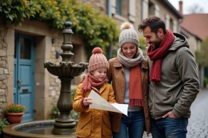 Famille souriante près d'une fontaine en village français en automne