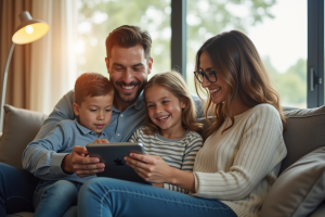 Famille souriante dans un salon moderne utilisant une tablette pour le contrôle parental