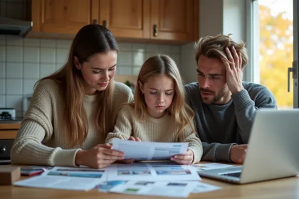 Famille discutant options vacances dans une cuisine française
