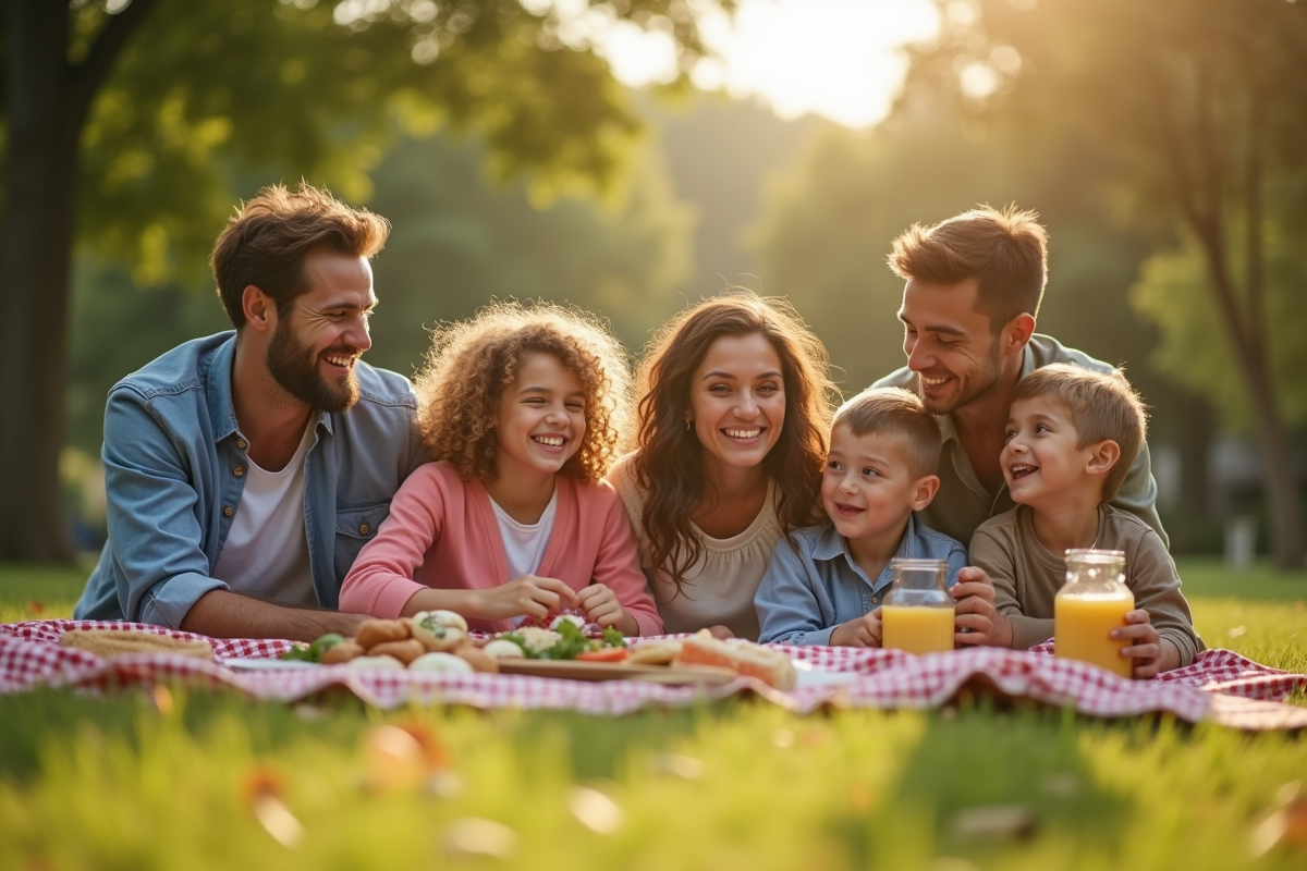 Familles diverses profitant d'un pique-nique en plein air
