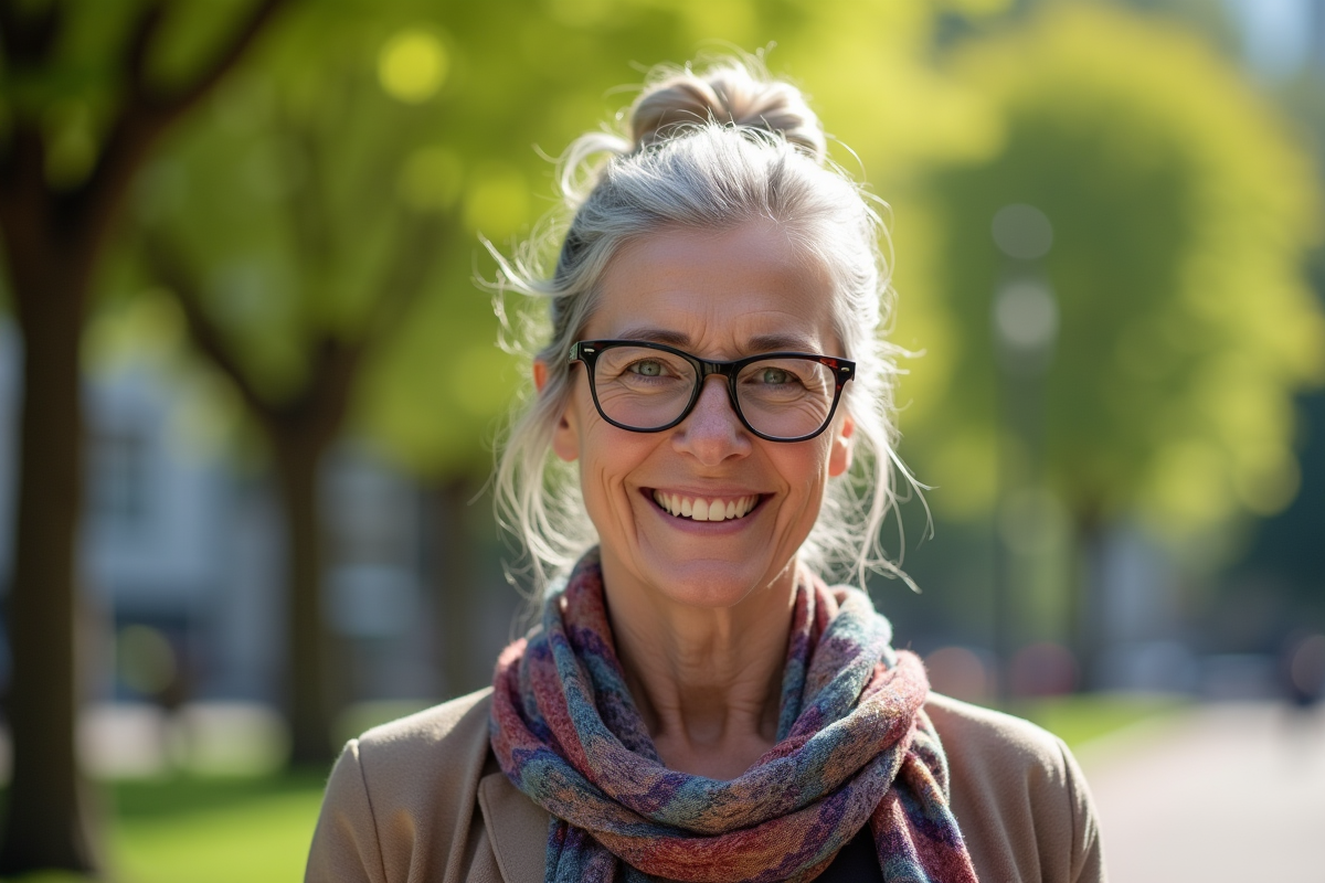 Femme de 70 ans dans un parc urbain ensoleille