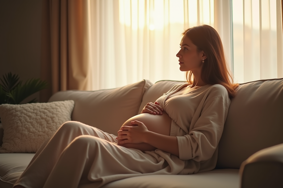 Femme détendue caressant son ventre à la maison dans une lumière douce