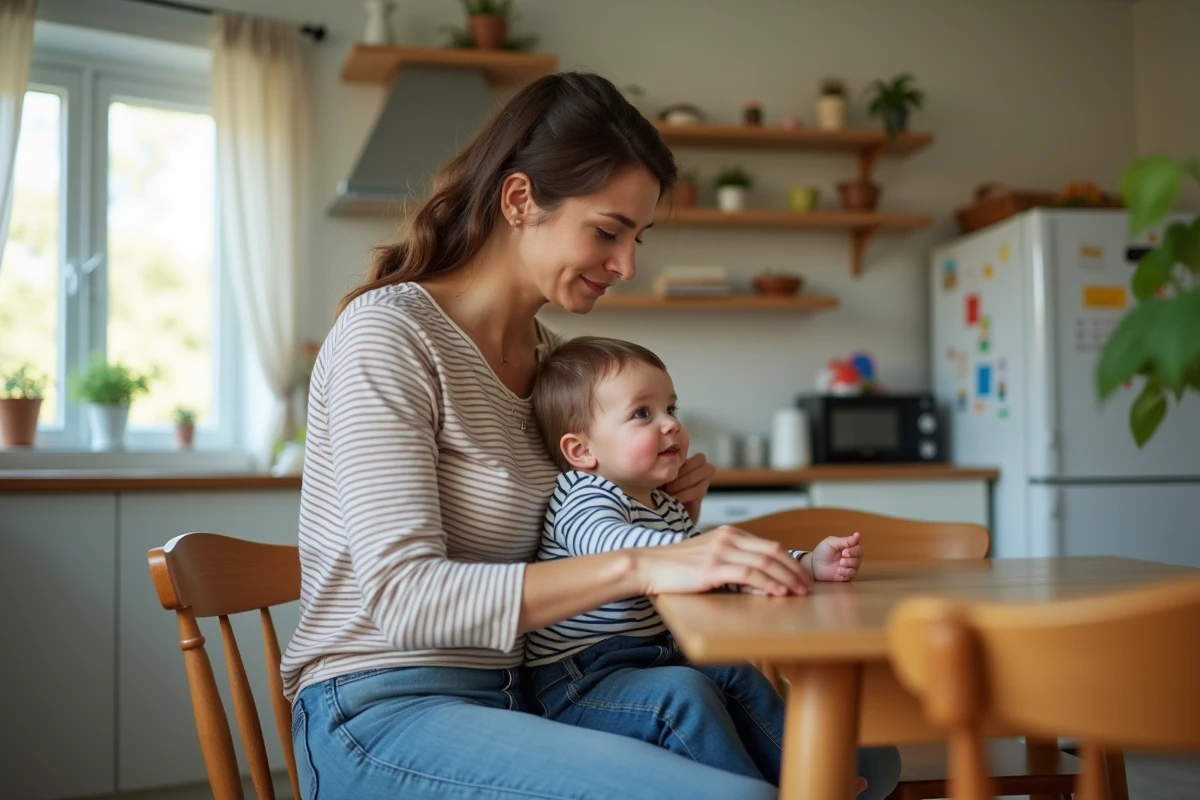 Femme souriante tient un bébé dans une cuisine chaleureuse