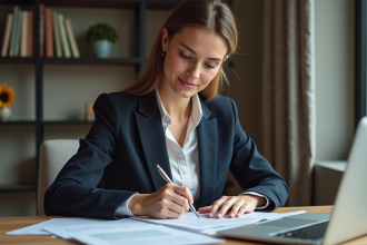 Femme concentrée à son bureau avec documents et ordinateur