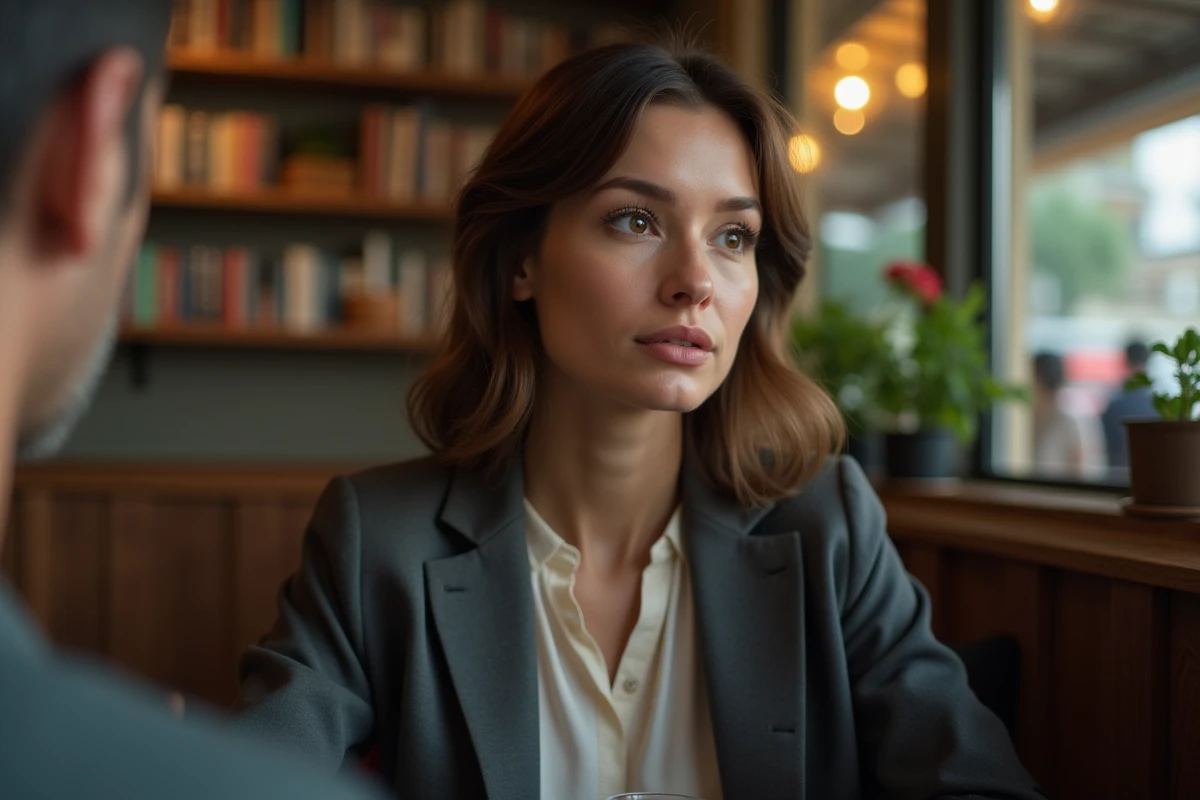 Femme assise dans un café avec ambiance chaleureuse et détendue
