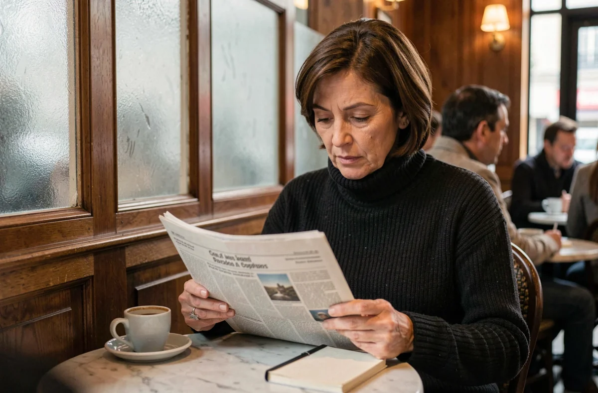 Femme lisant un journal dans un café parisien, incarnant la discrétion et la protection de l'intimité personnelle