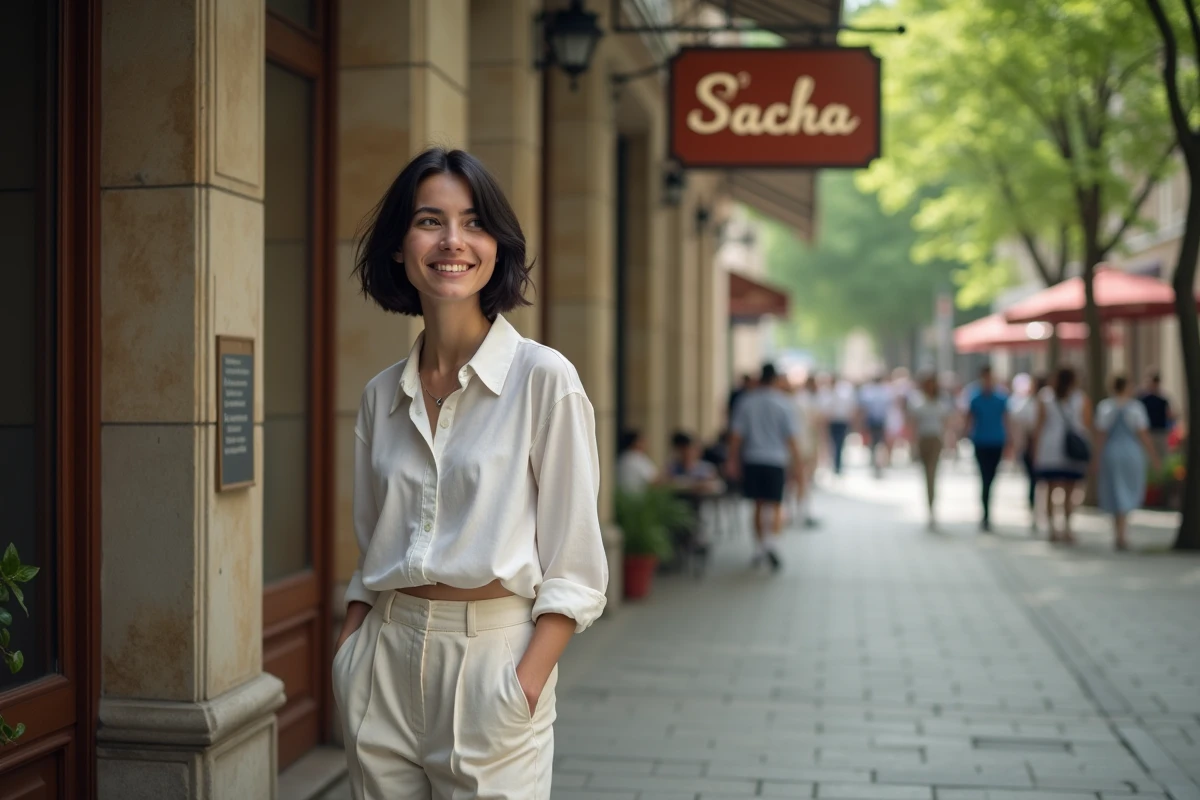 Jeune femme souriante dans une rue pavée avec un café vintage