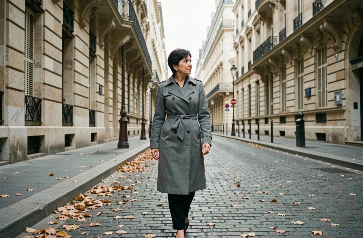 Femme marchant discrètement dans une rue parisienne en automne, illustrant la protection de la vie privée