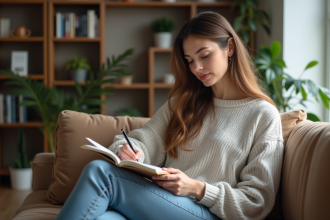 Femme écrivant dans un journal dans un salon cosy
