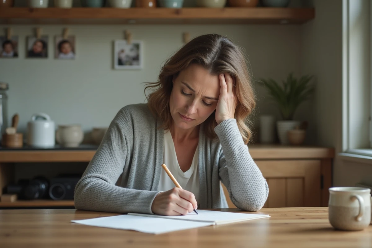 Femme d'âge moyen écrivant une lettre dans la cuisine chaleureuse