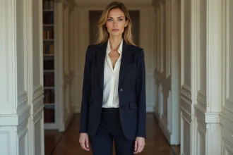 Femme élégante en blazer marine dans un appartement parisien raffiné, évoquant discrétion et vie privée d'un couple cultivé