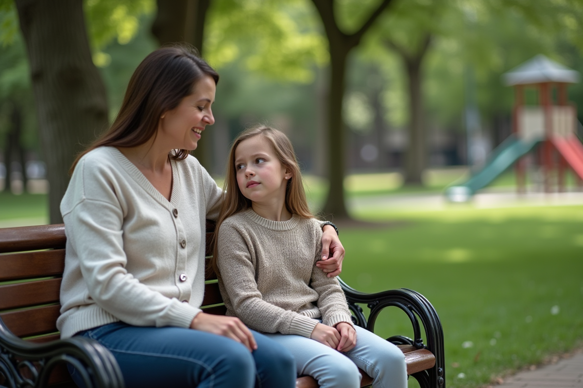 Femme réconfortant une fille sur un banc dans un parc