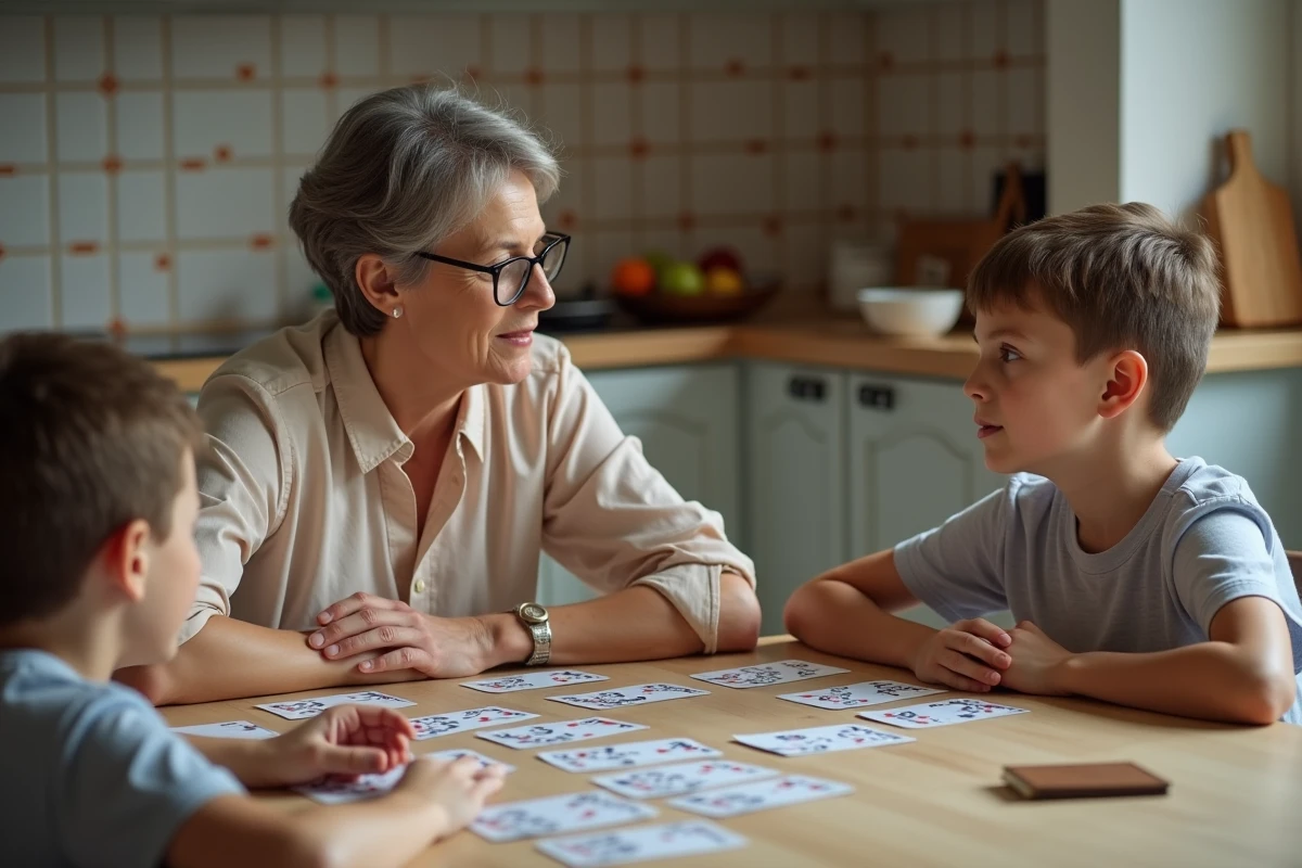 Femme expliquant les règles du jeu à un garçon à la cuisine