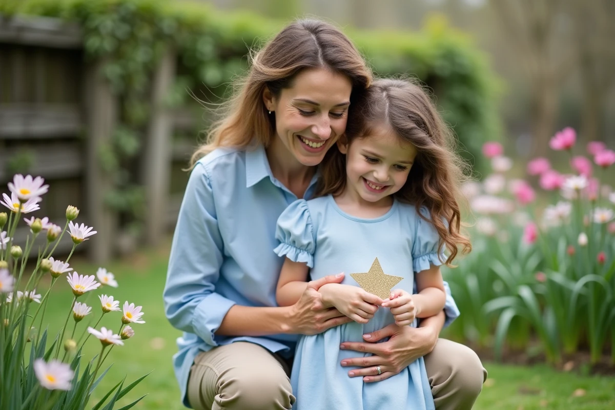 Femme et enfant dans un jardin printanier avec fleurs et étoile
