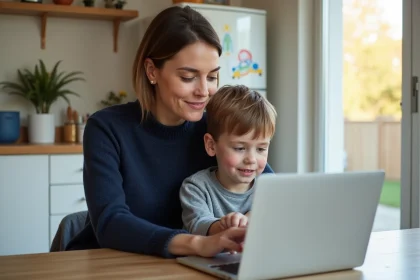Femme et enfant regardant un portail familial sur un ordinateur