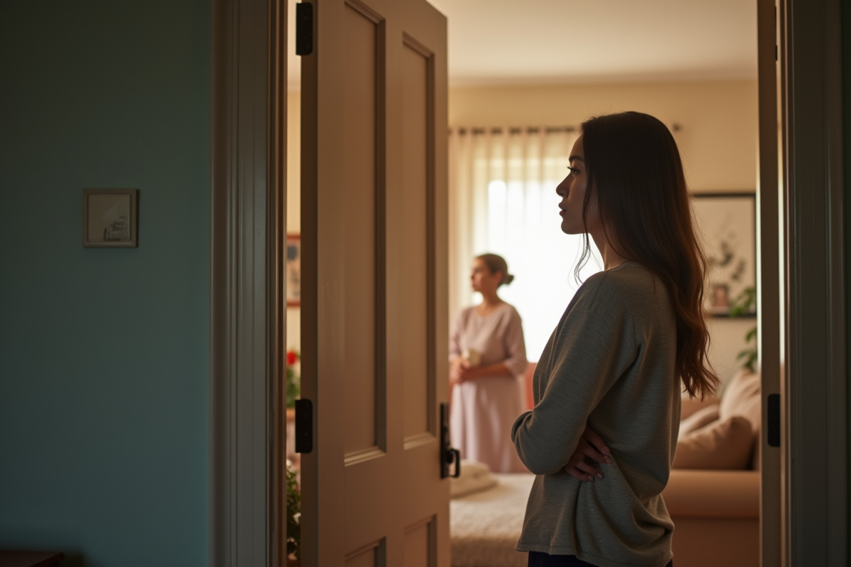 Femme ferme la porte en prenant une respiration