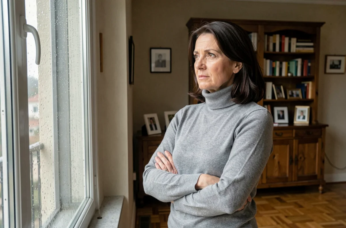 Femme mature regardant par une fenêtre sous la pluie dans un appartement parisien, posture introspective évoquant les origines familiales