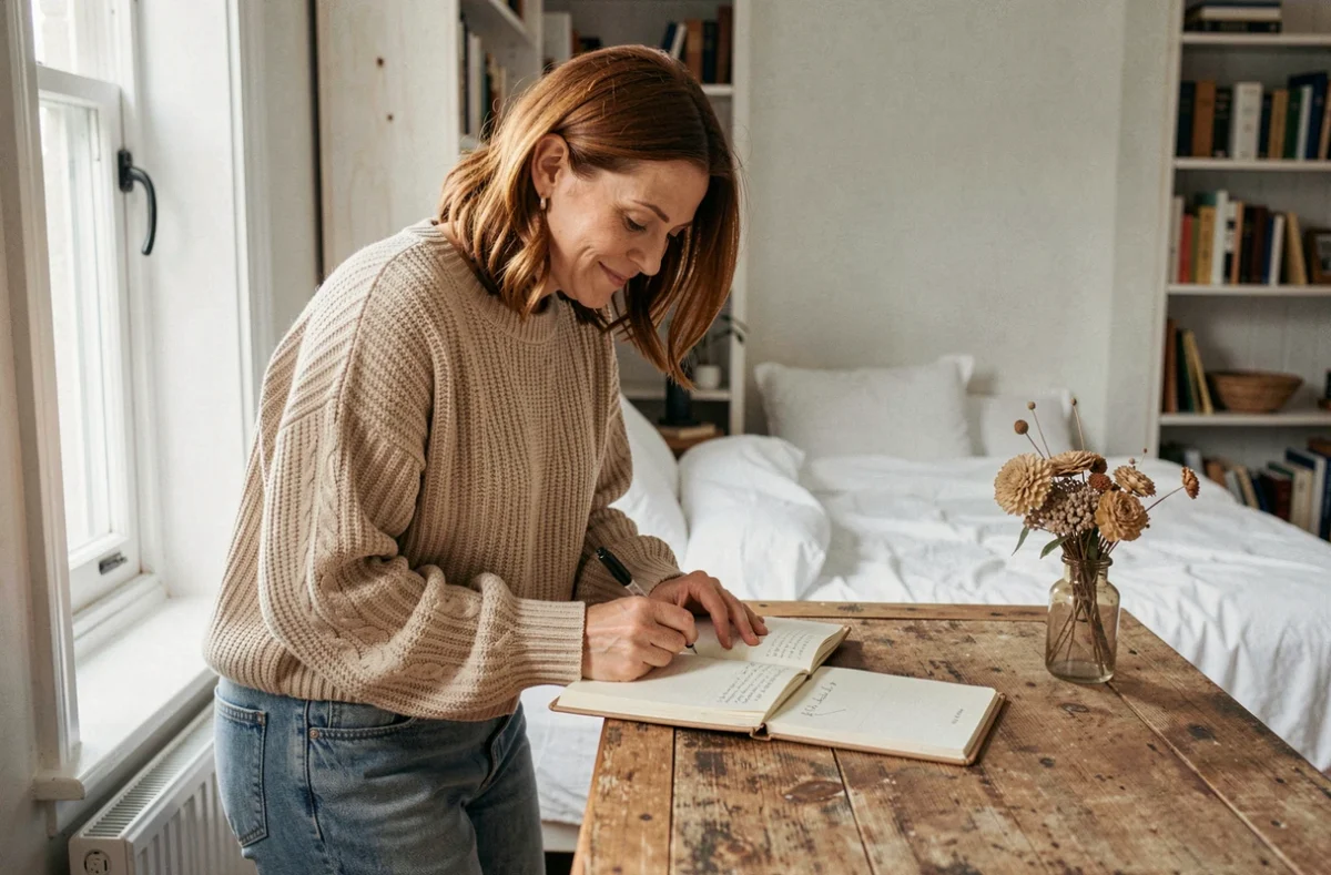 Femme épanouie écrivant dans son journal intime, explorant ses émotions et sa vision personnelle de l'amour