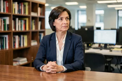 Femme journaliste professionnelle assise à un bureau dans une salle de rédaction moderne, exprimant discrétion et autorité