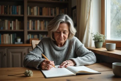 Femme tenant une lettre manuscrite en souvenir de sa mère décédée, assise à un bureau en bois avec un carnet de poèmes ouvert