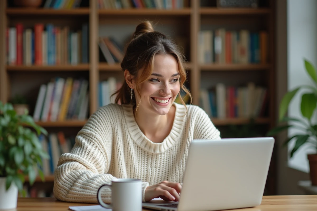 Femme composant un message d'anniversaire animé sur son ordinateur portable dans un bureau cosy