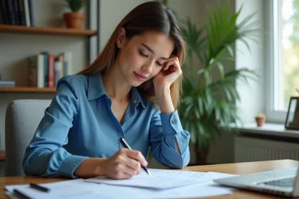 Femme en bureau organisant ses papiers d'assurance