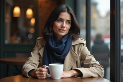 Femme assise dans un caf&eacute; parisien regardant &agrave; c&ocirc;t&eacute;
