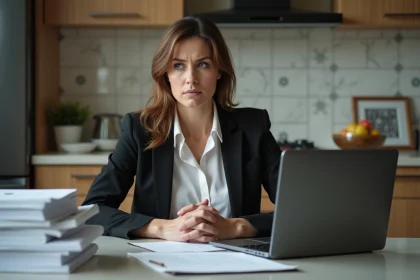 Femme pensif en milieu juridique avec dossiers et ordinateur