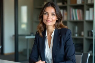 Femme politique élégante en veste marine assise dans un bureau parisien moderne, expression posée et réfléchie