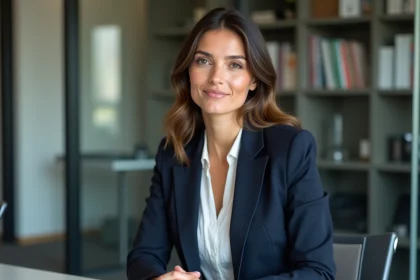 Femme politique élégante en veste marine assise dans un bureau parisien moderne, expression posée et réfléchie