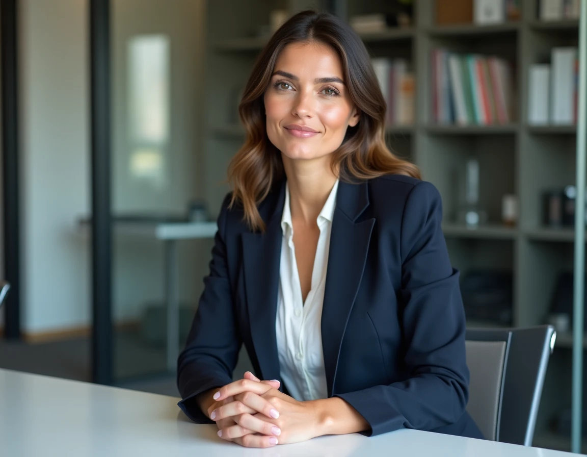 Femme politique élégante en veste marine assise dans un bureau parisien moderne, expression posée et réfléchie