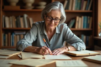 Femme d'âge mûr consultant des documents généalogiques anciens sur un bureau en bois dans un bureau à domicile