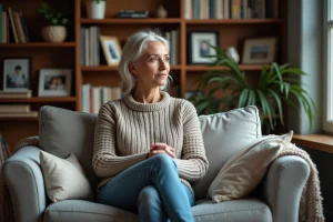 Femme d'âge moyen pensive dans un salon chaleureux