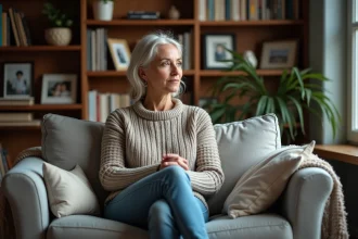 Femme d'âge moyen pensive dans un salon chaleureux