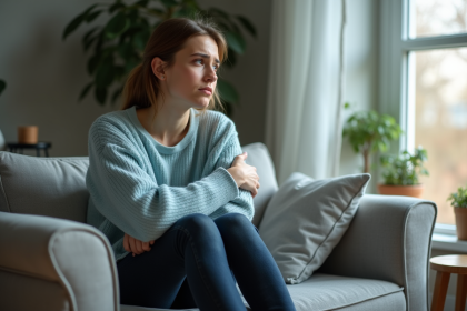 Jeune femme pensant dans un salon cosy et lumineux