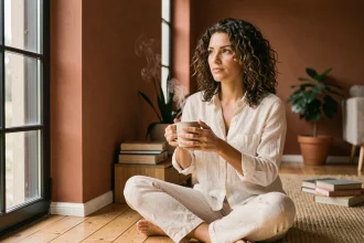 Femme sereine en train de réfléchir à l'amour et aux relations équilibrées, assise dans un salon chaleureux avec une tasse de thé
