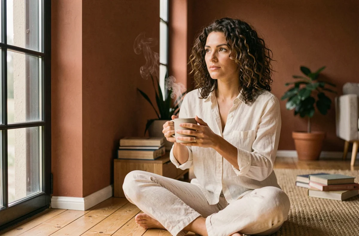Femme sereine en train de réfléchir à l'amour et aux relations équilibrées, assise dans un salon chaleureux avec une tasse de thé
