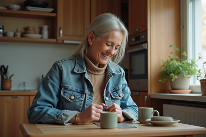 Femme en denim réparant un bouton dans sa cuisine chaleureuse