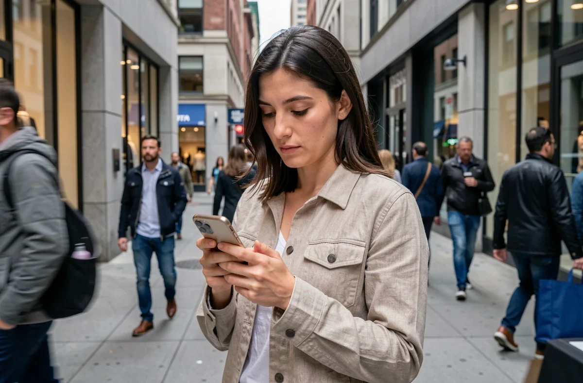 Femme seule dans une rue animée consultant son téléphone, symbole de l'isolement à l'ère des réseaux sociaux