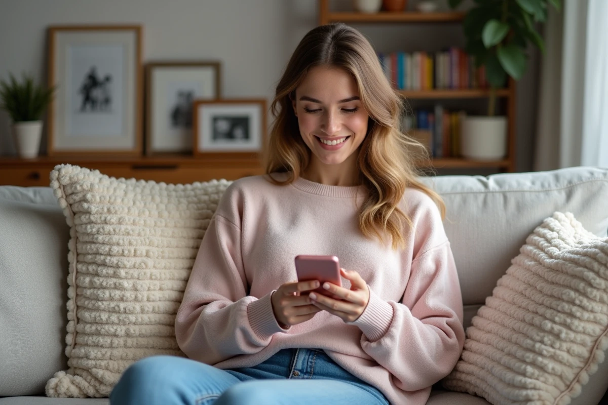 Femme souriante utilisant son smartphone pour un message d anniversaire