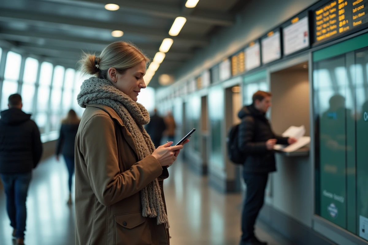Femme vérifiant ses billets dans une gare moderne