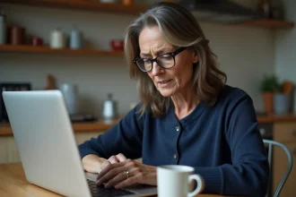 Femme consultant son ordinateur portable pour vérifier une information sur la CAF et les rumeurs de prime de dénonciation