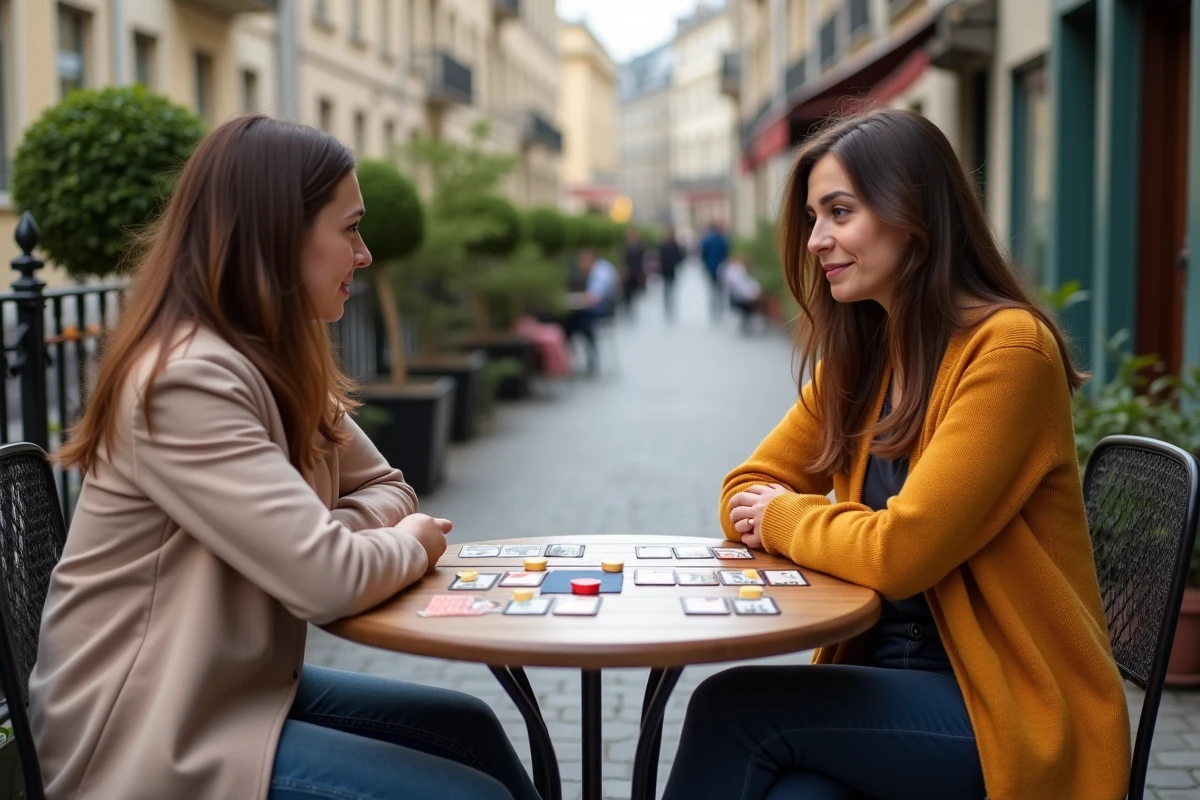 Deux femmes jouant une partie avancée de Bonne Paye en terrasse avec tokens et cartes de salaire disposés sur la table
